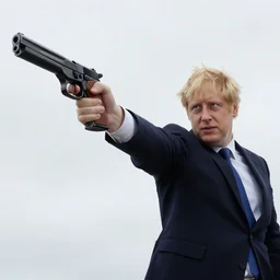 boris johnson holding a gun, 4k photograph, low angle, wide shot, fast shutter speed, backlighting, in the style of james bond and sherlock holmes