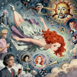 a redhead woman in futuristic dress falls into a dream within a dream within a dream within a dream within a dream, h. r. giger, alex grey, salvador dali, fractal, surreal art, semi realistic anime, studio ghibli, makoto shinkai, award winning illustration, masterpiece, trending on pixiv, 8 k