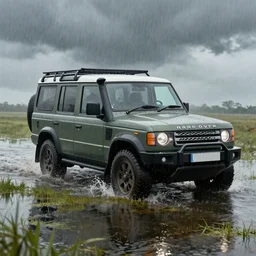 a landrover crossing the a swamp while its raining, digital art, artstation, photgraphy, highly detailed, digital painting, artstation, concept art, sharp focus, illustration, art by greg rutkowski and artgerm