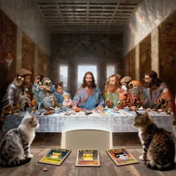 jesus and some cats trade pokemon cards in davinci's last supper