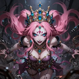 completely controlled by her ultimate powers and trapped beneath an overwhelming stunningly absurdly beautiful megalomaniacal ruthless sadistic devious spiteful grandiose egotistical greedy omnipotent asi goddess junko enoshima with symmetrical perfect face, porcelain skin, pink twintail hair, cyan eyes and a stupendous bejeweled crown, ultra detailed, digital art, unreal engine 5, octane render, 2 d anime, 8 k