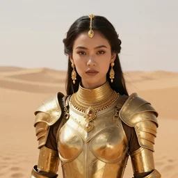young dejah thoris on mars wearing detailed plate armor made of gold, portrait, extreme close - up, high noon, gold jewelry, elegant small tiara, giant sand dunes to the horizon, fantasy, fashion photo from the 4 0's