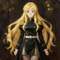 baroque oil painting full body illustration character concept art, anime key visual portrait of young female maid military dictator black uniform, long flowing blonde hair blue eyes, symmetrical perfect face fine detail delicate features quiet gaze, gapmoe kuudere epic lotr bokeh, trending on pixiv fanbox, painted by greg rutkowski makoto shinkai takashi takeuchi studio ghibli