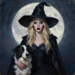 portrait of beautiful blonde woman as a Dark evil witch, big moon in the background, oil painting by a dog