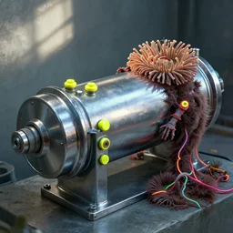 airbrushed chrome machine cylinder, bright buttons, haired sea anemone creature neon piping alex ross, simon bisley, kelly freas, fine art masterpiece baked at 3 0 0 f, matte painting, cold lighting, aged with sunlight, award winning horror, photorealistic render, cinematic
