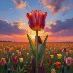 girl with a single giant tulip as a head, surreal photography, flower field, sunset dramatic light, impressionist painting, colorful clouds, blue sky, digital painting, artstation, simon stalenhag