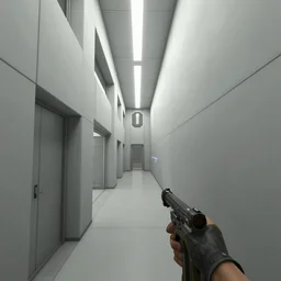 screenshot of a first person shooter game on unreal engine 5, narrow modern hallways of a futuristic government facility with white dry wall, photorealistic, retrofuturism