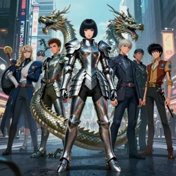 portrait of one full body girl metal armor and metal chines dragon in tokyo city by gaston bussiere, anna nikonova aka newmilky, greg rutkowski, yoji shinkawa, yoshitaka amano, moebius, donato giancola, geoffroy thoorens, tsutomu nihei, trending on artstation, featured on pixiv, cinematic composition, 8 k