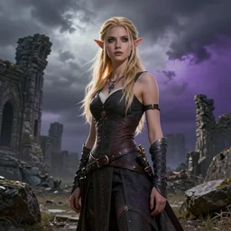 a slim elf from dragon age, ancient ruins in background, storm sky, gradient gray to purple