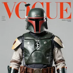 boba fett fashion. studio photo. vogue magazine cover with text. highly detailed