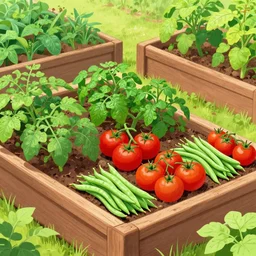 raised garden beds full of tomotoes and string beans, concept art, illustrated, highly detailed, high quality, bright colors, optimistic,