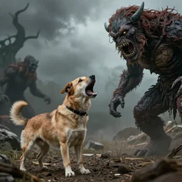 a dog barking at a monster, hyper realistic, dangerous, 4k,
