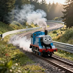 Thomas the Tank Engine, drifting around a corner, smoke trailing out the back, on the race track at the Nurburgring Nordschleife setting a hot lap, on the race track not train tracks