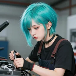 a beautiful androgynous punk girl with short turquoise hair who is a mechanic wearing overalls, digital illustration, digital concept art, digital painting, decorative background with spaceships, trending on artstation