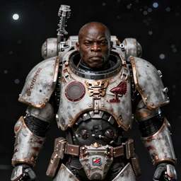 portrait photograph of black spacemarine in battle worn armor. super resolution. 85 mm f1.8 lens.bokeh.graflex. Alessio albi
