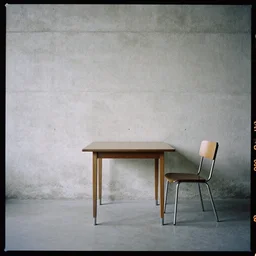 kodak portra 4 0 0, 8 k, highly detailed, britt marling style, award winning colour still - life portrait of a rough concrete wall, square picture frame. a minimalistic 1 9 4 0 s table and a minimalistic 1 9 4 0 s chair on the floor, 1 9 2 0 s minimalism style, wide shot