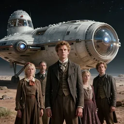 sharp, highly detailed, film from a 2 0 1 9 sci fi 8 k movie, set in 1 8 5 0, a family standing in front of their spaceship that has just landed on an alien planet, wearing 1 8 5 0 s clothes, atmospheric lighting, in focus, reflective eyes, 3 5 mm macro lens, live action, nice composition