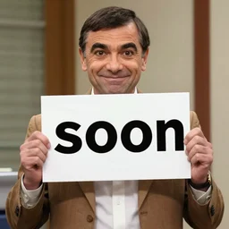 Mr. Bean holding a sign with the text soon