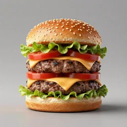 most delicious hamburger ever created, very tall with layers of meat tomato lettuce cheese and bacon, food photography, trending on instagram