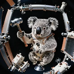 koala bear operating the international space station with a hammer, fish - eye, 8 k