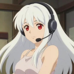 anime film still portrait of a japanese young woman, large red eyes, long white hair, wearing a headset in her room interior, detailed facial features, dynamic pose, trending on pixiv fanbox, yoshinari yoh, makoto shinkai takashi takeuchi studio ghibli, akihiko yoshida, 4 k