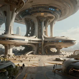 cinematic still of hyper detailed hard surface modelled realistic afro futurist, spaceport designed by frank lloyd wright architect, deep perspective, wide angle, hyper detailed and intricate, concept art
