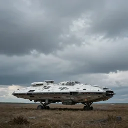 an alien spaceship designed by beksinski, realistic, detailed, in a desolate open field, grey cloudy sky with undertones of blue