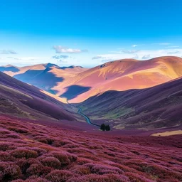 valley in the scottish borders, heather escarpments, rounded peaks with tracks, blue skies