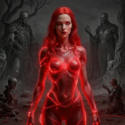 Portrait Masterpiece, Wanda Maximoff, extremely skinny, red, glowing, wires everywhere, by Edgar Maxence and Ross Tran, Zdzisław Beksiński, and Michael Whelan, distant, gustav dore, H.R. Giger, 8k, octane render
