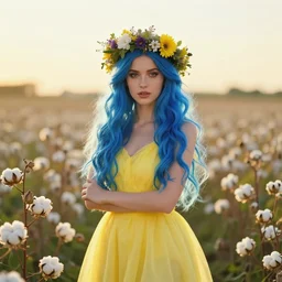 goddess of nature, model pose, blue hair, yellow dress, crown of flowers, surrounded by the field of cotton!!, beautiful symmetrical face!!!, golden hour lightning, fujifilm provia