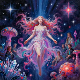 the surreal goddess of dreams floating among many stars and neon fractal mycelum and crystal fungi, by carol bak, jacek yerka, gediminas pranckevicius, alex gray, dan mumford and h. r. giger, digital painting, octane rendered, crepuscular rays, neon cyberpunk colors vibrant colors, trending on artstation