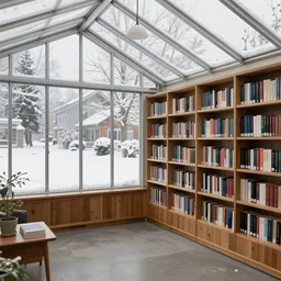 interior of a mid - century modern green house library, snowing outside
