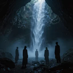 lost souls searching for nothing, concept art, darkness, big dark caverns, waterfall, dim lighting, soft, mysterious, blue haze