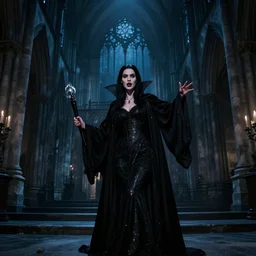 mary elizabeth winstead as a vampire about to attack in a gloomy gothic cathedral at night