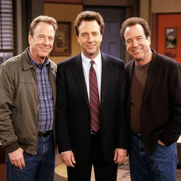 thomas middleditch standing with kramer, jerry seinfeld, and george costanza on the set of the tv show seinfeld