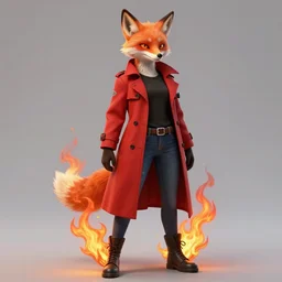 a female anthropomorphic humanoid fox with fire powers dressed in a red trench coat, black t - shirt, and jeans in the style of mlp in the style of metal gear trending on artstation deviantart pinterest furaffinity detailed realistic hd 8 k high resolution