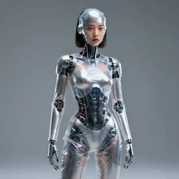 a girl cyborg in a pvc shrink wrap