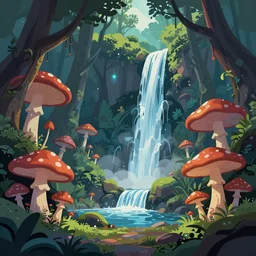 psychedelic mushrooms, enchanted forest, waterfall, clean cel shaded vector art, behance hd by lois van baarle, by makoto shinkai