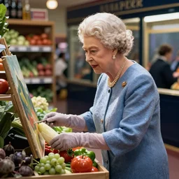 Queen Elizabeth buying groceries, painting by Edward Hopper