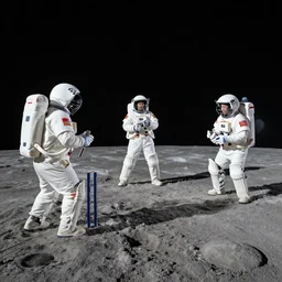a team of astronauts playing cricket on the moon. low gravity environment