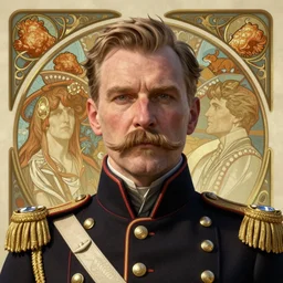 close up portrait of colonel sanders, decorated civil war veteran, union uniform by artgerm, cushart krenz, greg rutkowski, mucha. art nouveau. gloomhaven, military symbolism, fried chicken, sharp edges. ultra clear detailed. 8 k. elegant, intricate, octane render
