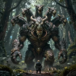 giant dungeons and dragons ettin giant with many heads, ettin from dungeons and dragons, dnd in a dark forest, digital art, high quality render, artstation, 8 k, photograph quality, ultrahd
