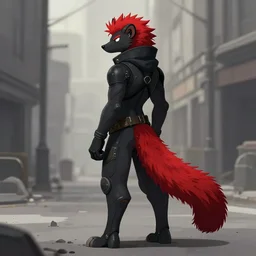 red fursona tail'attached'long stoat | fantasyart | urbanscene coalpunk masculine fursona black