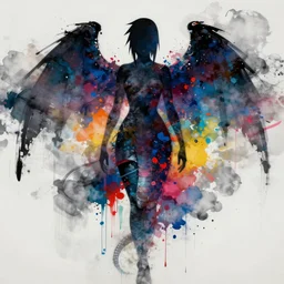 uchiha sasuke, abstract portrait of full body dark serpent female silhouette, wings, clouds in the background, beautiful abstract full body, safe for work rembrandt light female shape, center bottom frame, face symmetry, colorful spray paint splatters, expressive, abstract art, by greg rutkowski, by jeremy mann, by francoise nielly, 4 k, 8 k, correct body proportion, cinematic