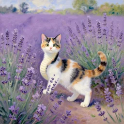 snake shaped calico kitten playing at lavender field, caillebotte painting, impressionism, flower landscape, lavender flowers,