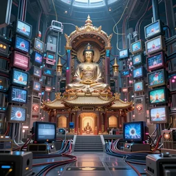 an cybernetic temple made of tv screens, wires, glowing computer hardware, buddhist temple, octane render, unreal engine, 8 k, cinematic, artwork by ilya kuvshinov