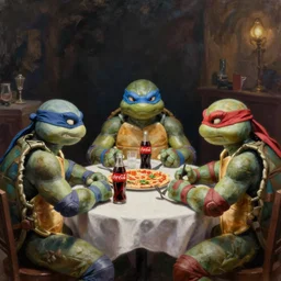 teenage mutant ninja turtles are sitting at the table. da vinci. secret supper. coca - cola on the table. pizza on the table. realistic oil painting on canvas. great rendering