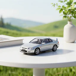 a small miniature of a Honda Prelude 2.0 on a white table near a book and a vase with a plant, 3d render, octane render, unreal engine 5, path tracing, serene landscape, calm, relaxing, beautiful landscape, highly detailed, high quality, 4k, symmetrical, low contrast, centered