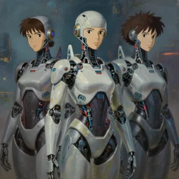 oil portraits painting of futuristic transhuman cyborgs, dystopian, cyberpunk style, octane rendering, trending on artstation, studio ghibli, michael whealan and james gurney