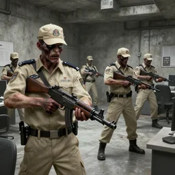 zombie security officers ( beige uniform and caps ) wield ( uzis ) in ( brutalist concrete office ) trending on artstation high detail digital painting 4 k 8 k hd